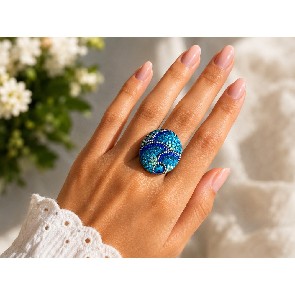 925 Sterling Silver Adjustable Ring Blue Oval Shaped Sparkly Mosaic Crystals